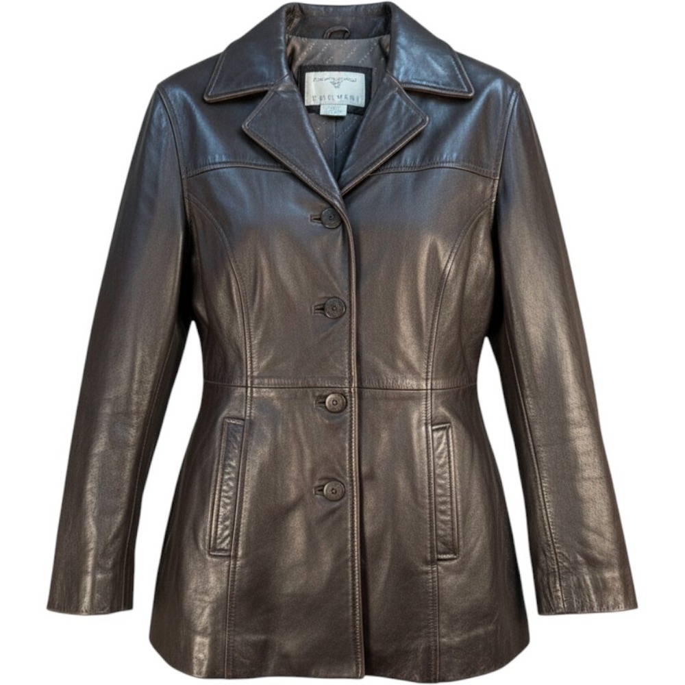 Nine West Vintage Brown Leather Blazer Jacket Women Small 4 Button Coat Tailored
